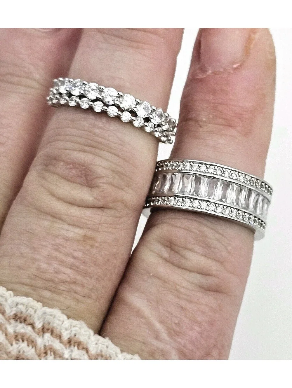 Lot of 2 CZ Stackable Rings Size 7.5 Rhodium Silver Pave Baguette Eternity Bands